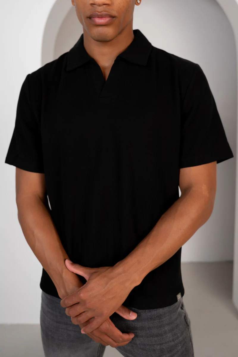 Waffle Boxy Open Neck Polo - Black - Image 3