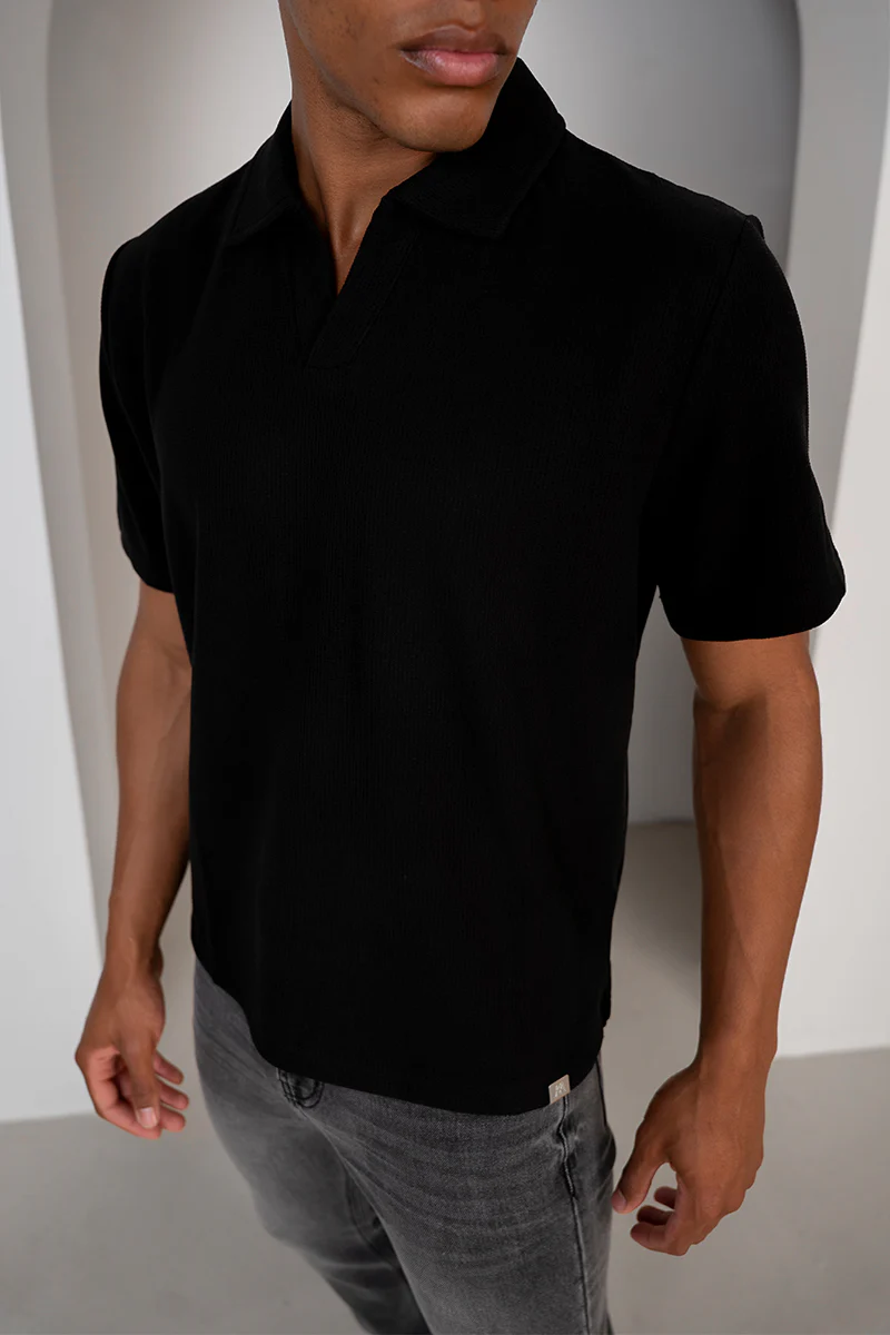 Waffle Boxy Open Neck Polo - Black - Image 4