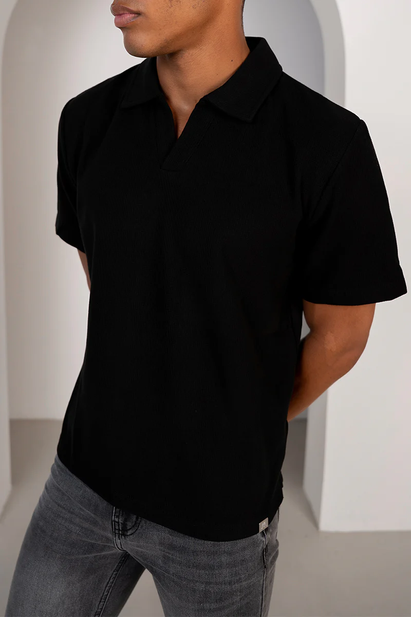 Waffle Boxy Open Neck Polo - Black - Image 5