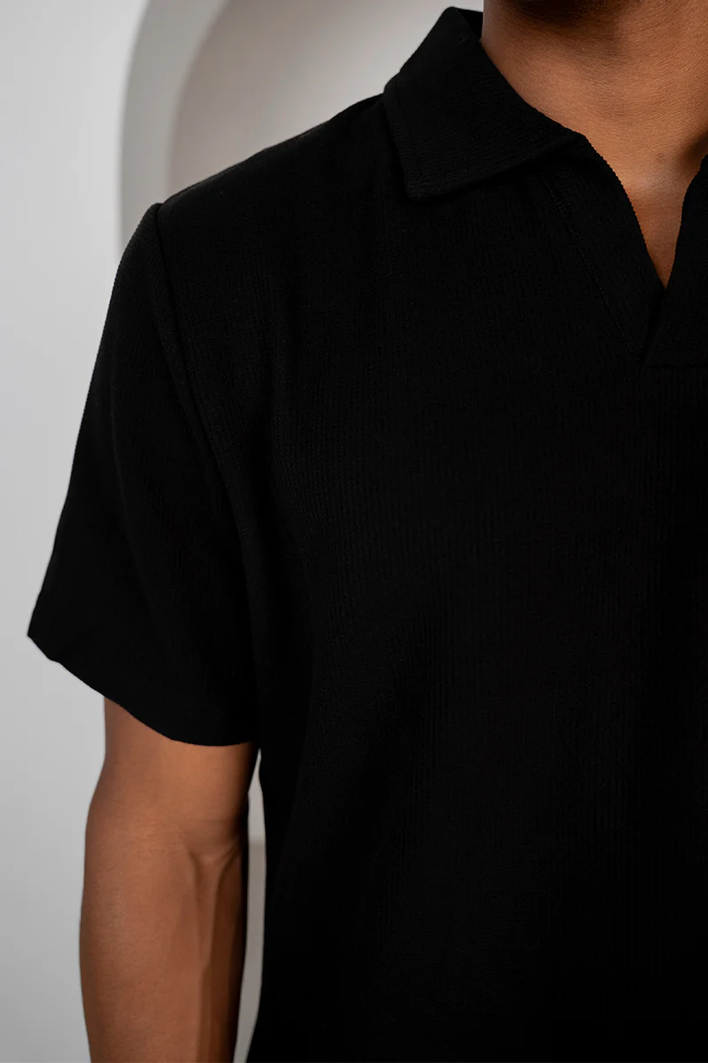 Waffle Boxy Open Neck Polo - Black - Image 6