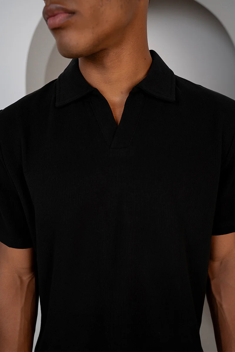 Waffle Boxy Open Neck Polo - Black - Image 7