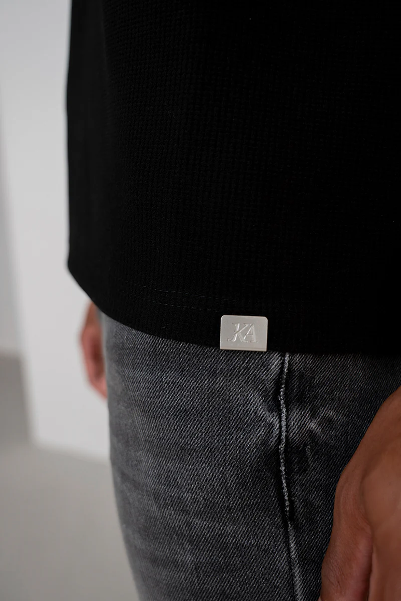 Waffle Boxy Open Neck Polo - Black - Image 8