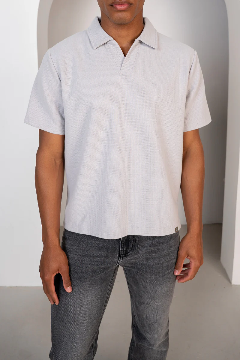 Waffle Boxy Open Neck Polo - Grey - Image 4