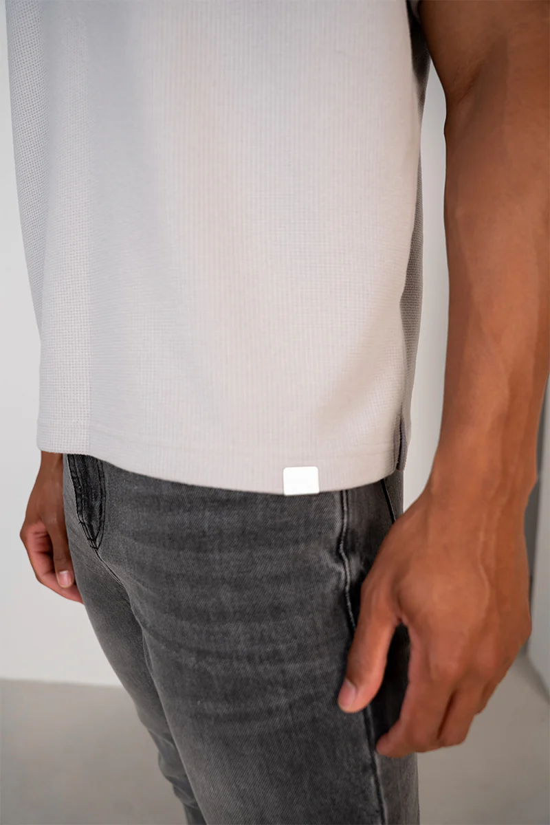 Waffle Boxy Open Neck Polo - Grey - Image 5
