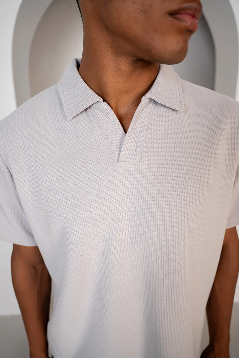 Waffle Boxy Open Neck Polo - Grey - Image 7
