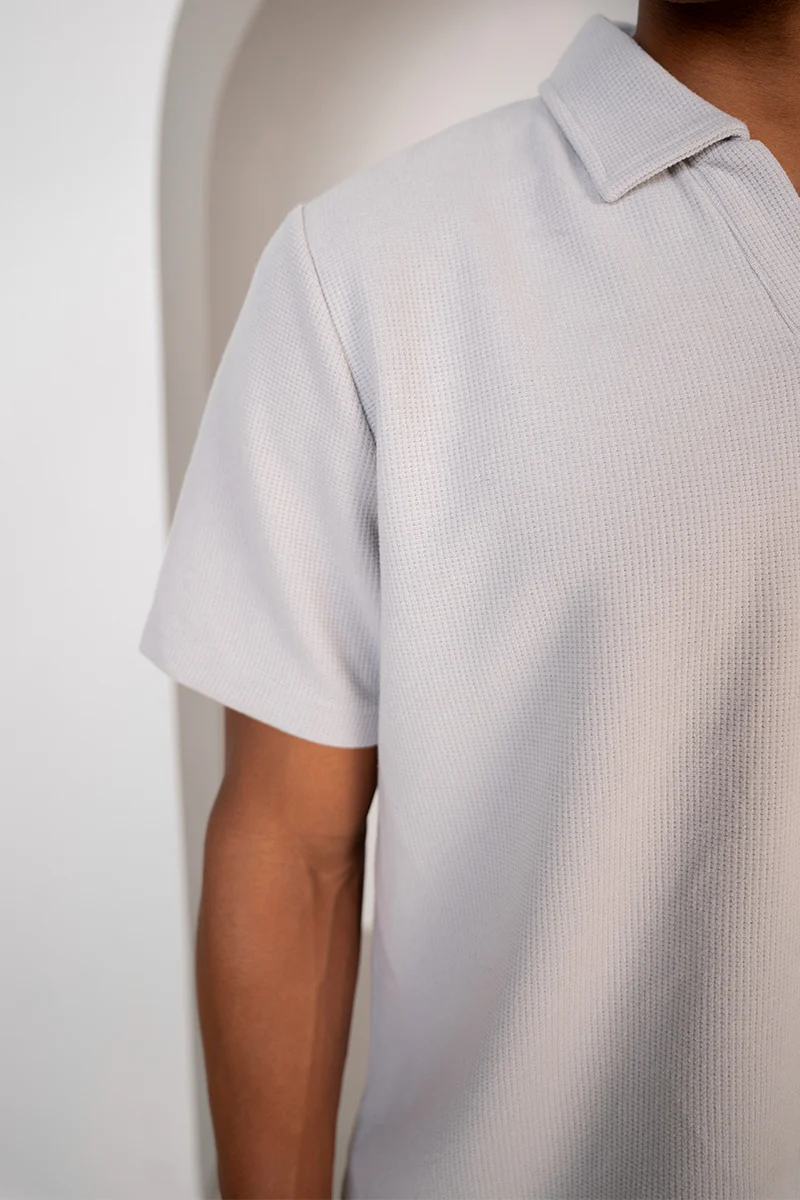 Waffle Boxy Open Neck Polo - Grey - Image 8