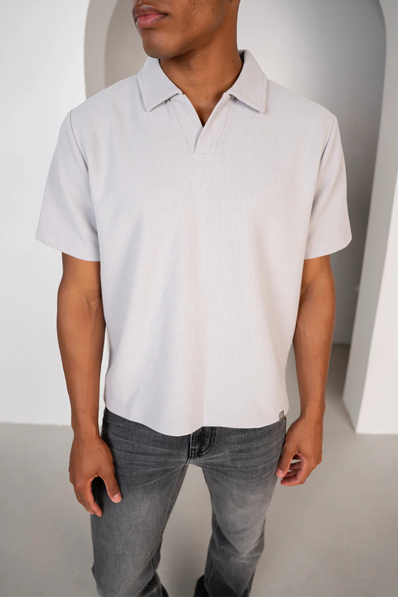 Waffle Boxy Open Neck Polo - Grey - Image 9