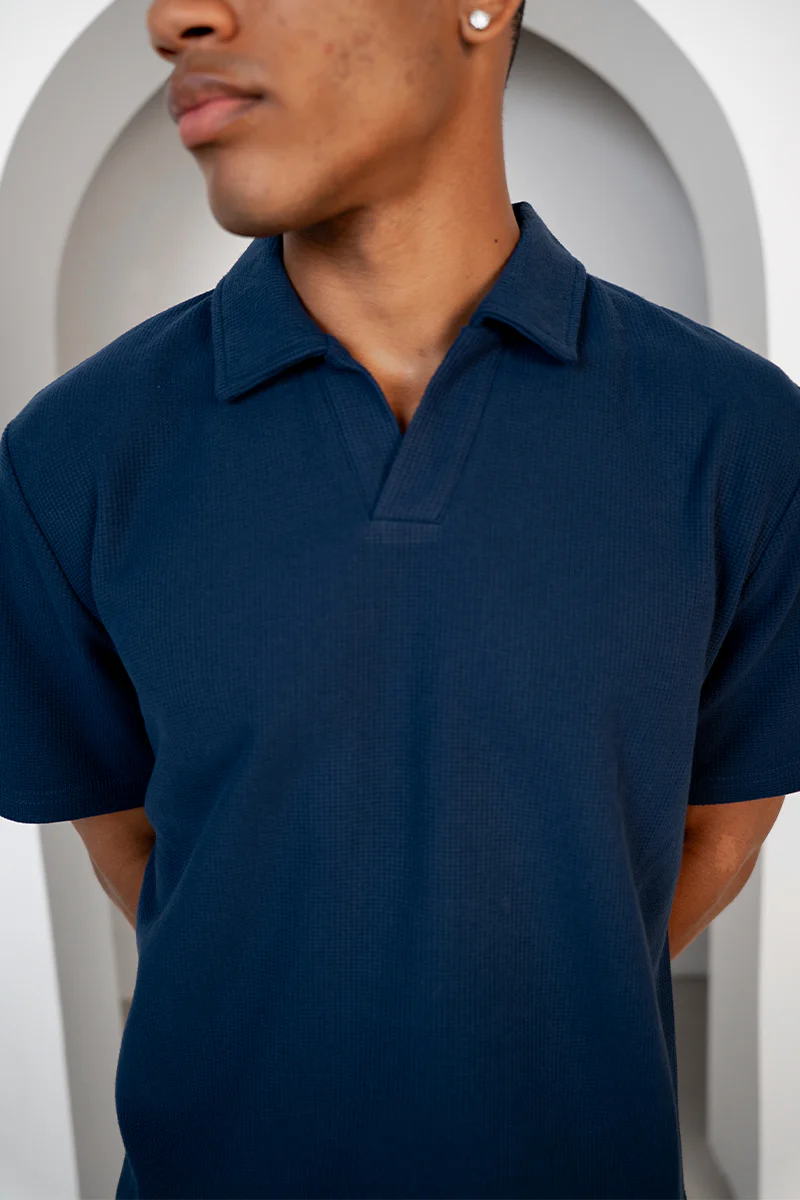Waffle Boxy Open Neck Polo - Navy - Image 3