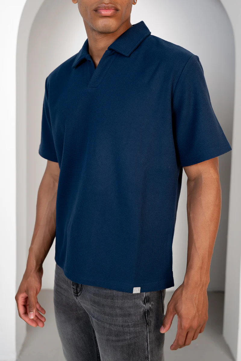 Waffle Boxy Open Neck Polo - Navy - Image 4