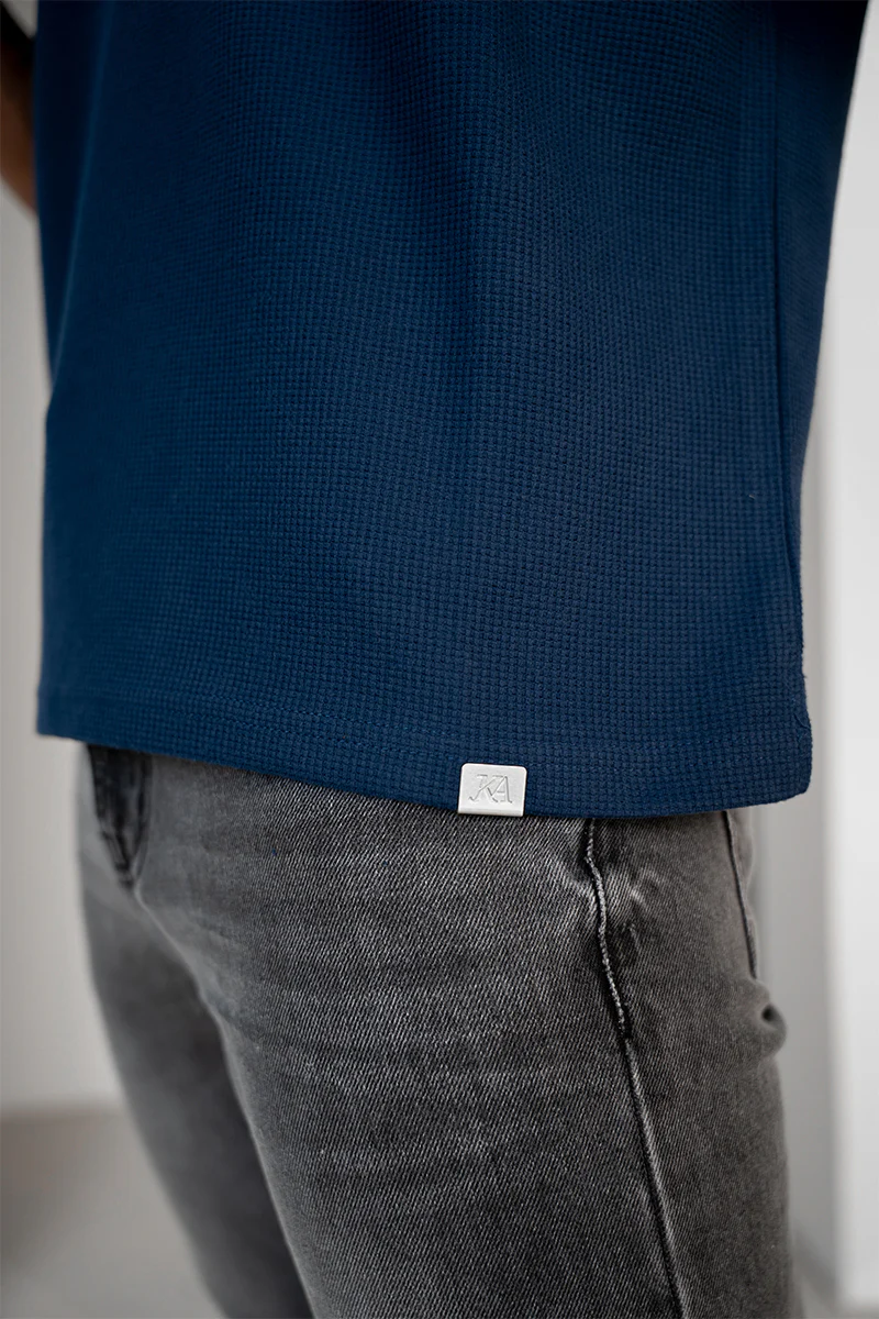 Waffle Boxy Open Neck Polo - Navy - Image 6